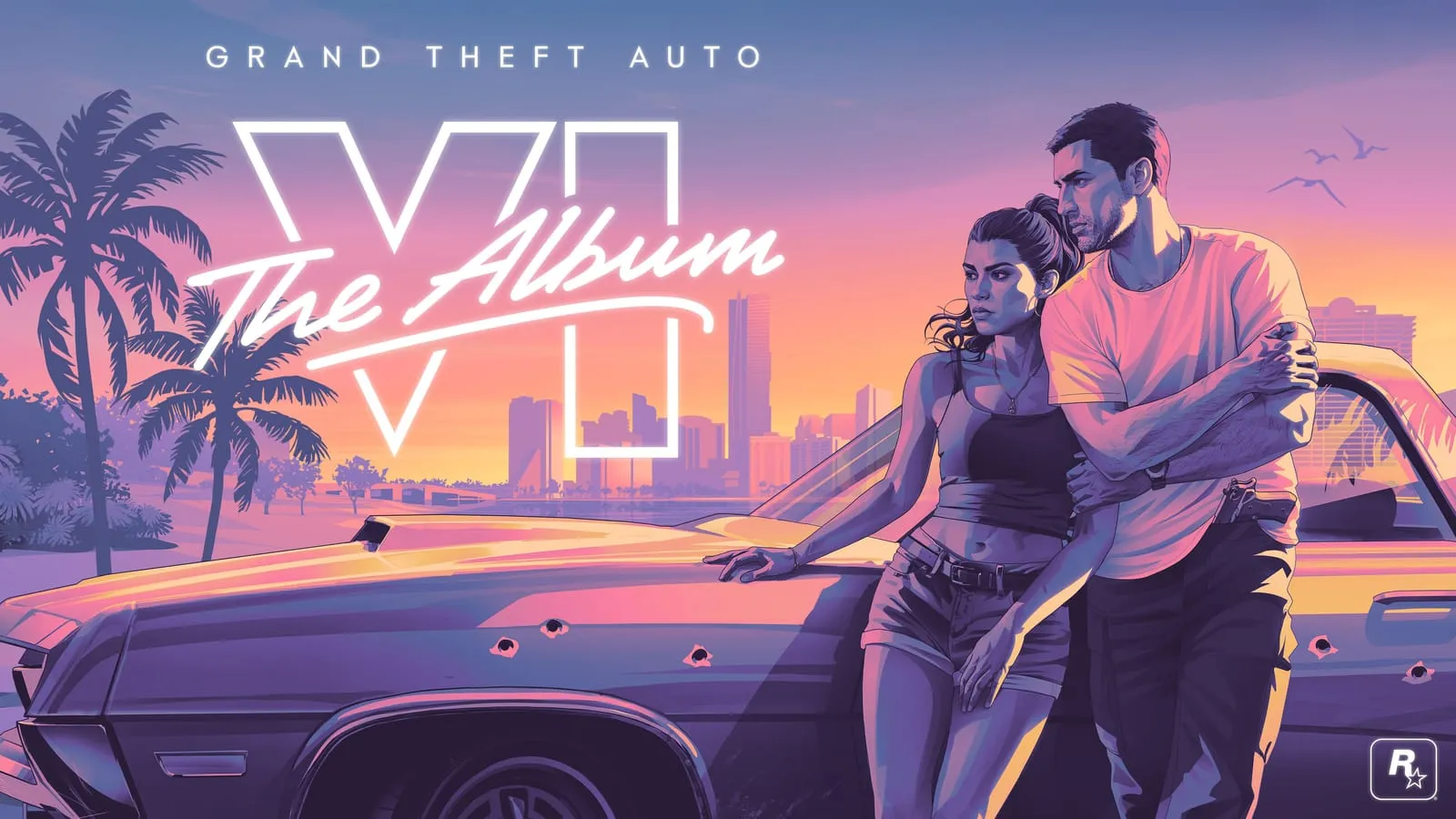 GTA 6 album cover art, Jason and Lucia leaning on a car at sunset