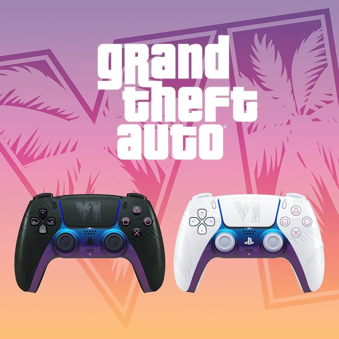 Two GTA 6 DualSense controllers, one black and one white, with a VI logo and a purple-to-blue fade, against a backdrop of pink and orange palm trees
