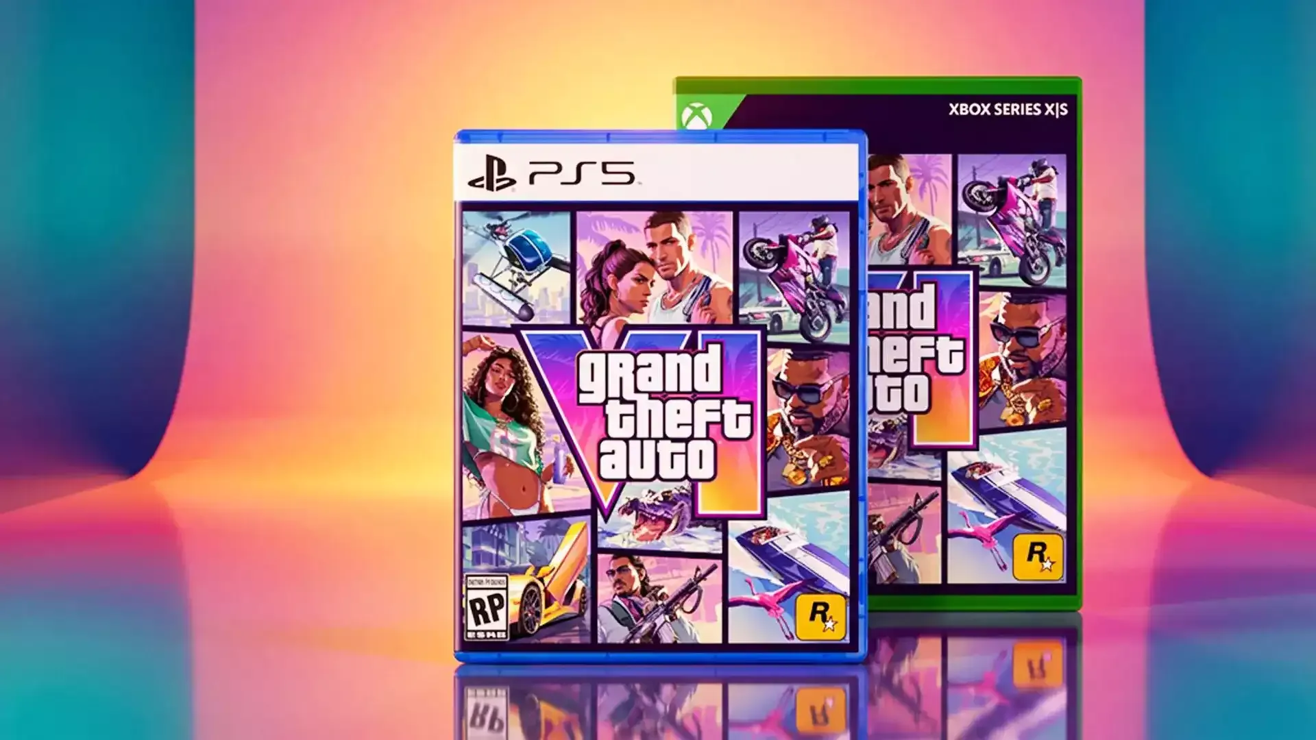 The GTA 6 boxes for PS5 and Xbox Series X|S, side by side
