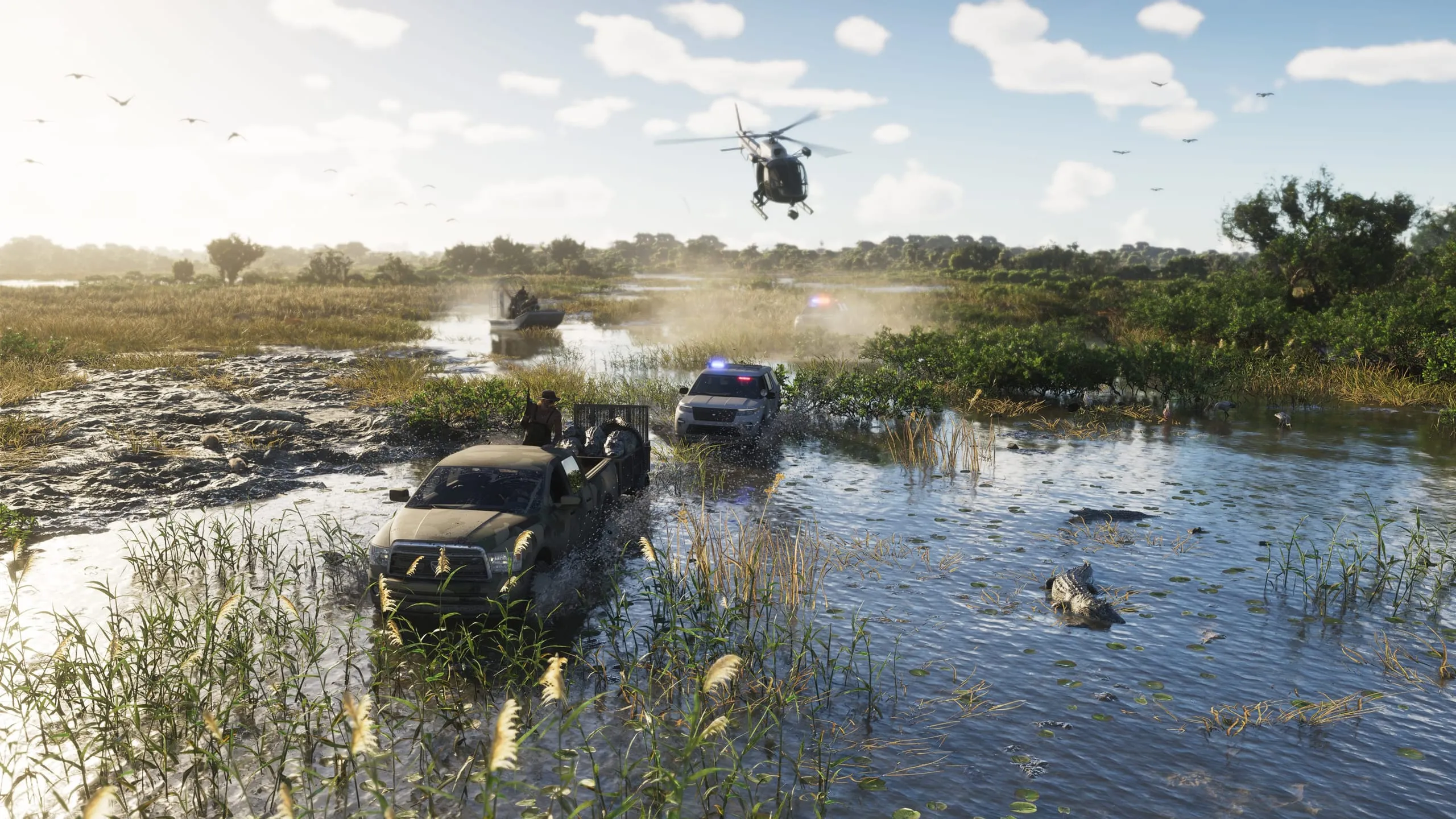 Police SUV chasing a pickup through flooded marshland, helicopter overhead and an alligator in the water
