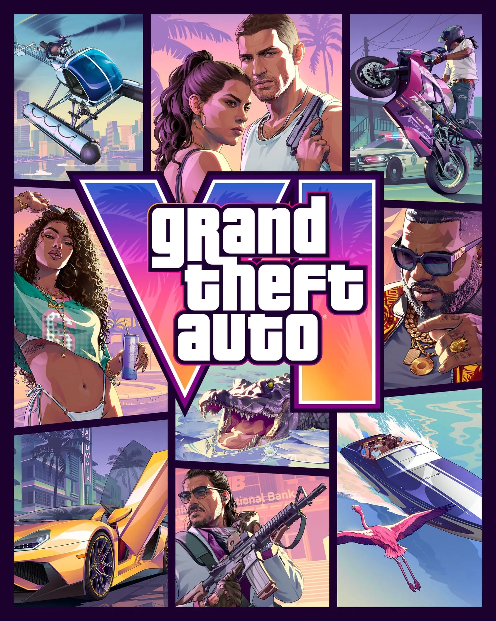 Jaquette officielle de GTA 6, édition Standard : le logo Grand Theft Auto VI sur un collage néon de personnages et de scènes de Vice City.