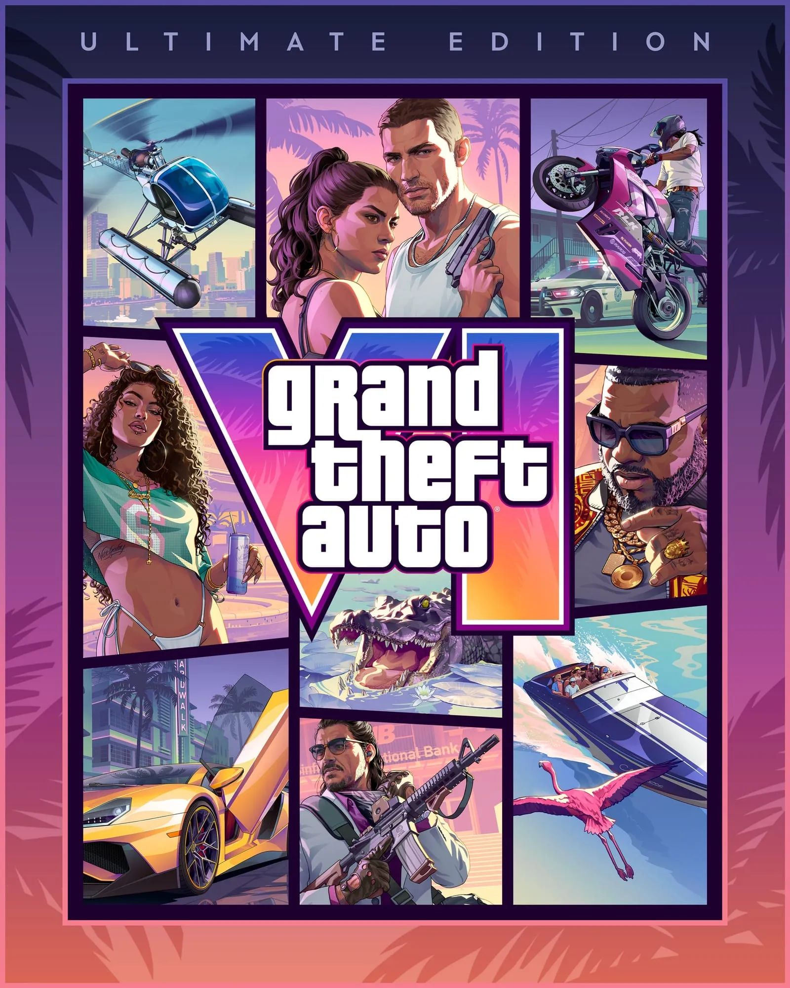 GTA 6 Ultimate edition cover art with an Ultimate Edition banner across the top and a palm-frond border.