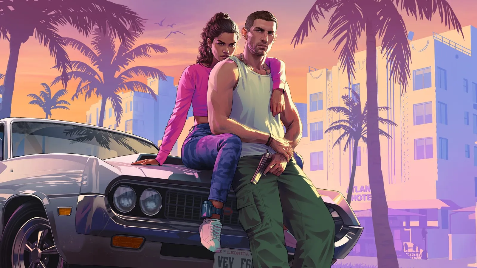 Armed couple leaning on a classic muscle car outside pastel Art Deco hotels at sunset