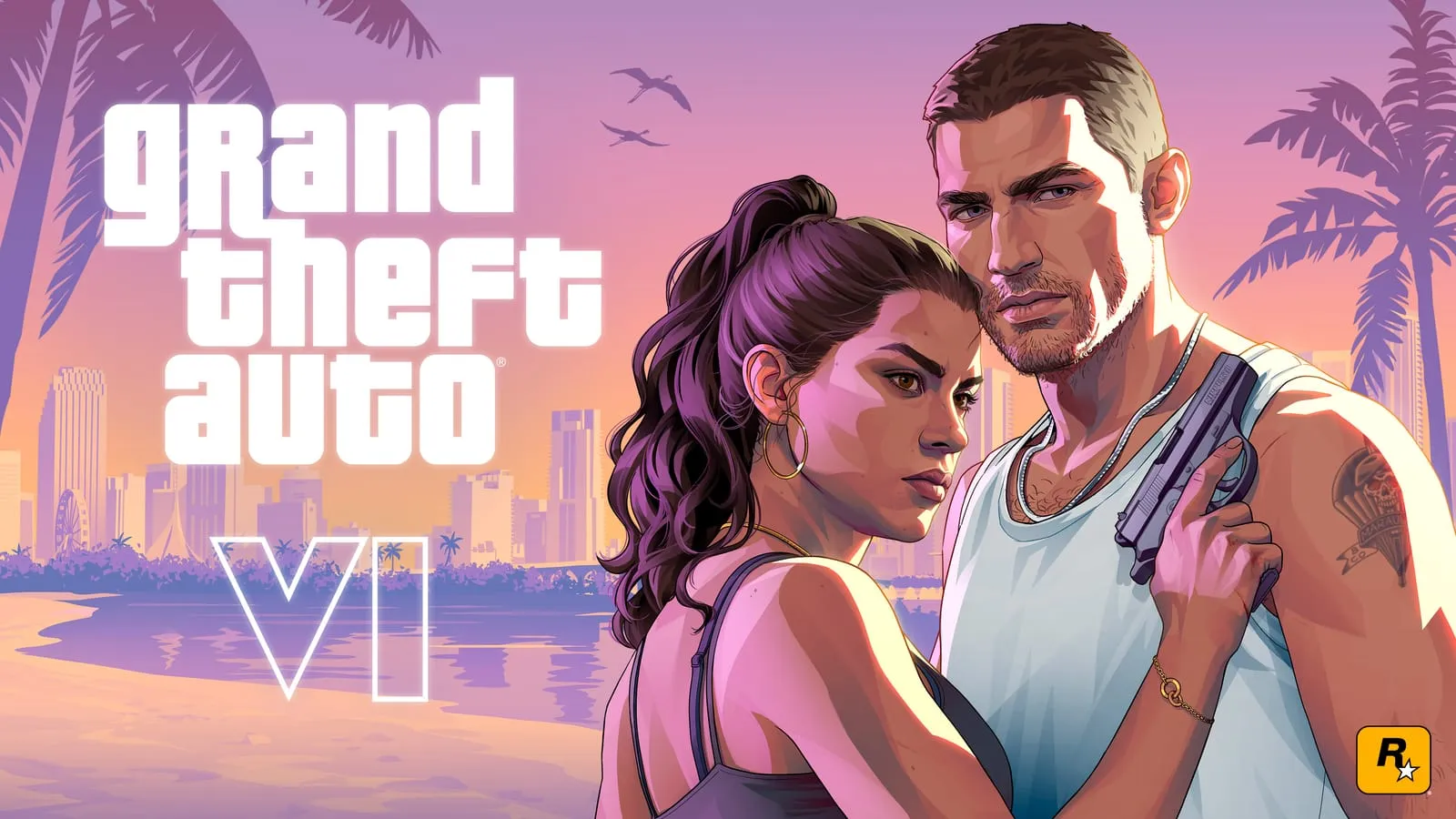Key art GTA 6 du couple enlacé sur la plage, logo posé sur le ciel du crépuscule