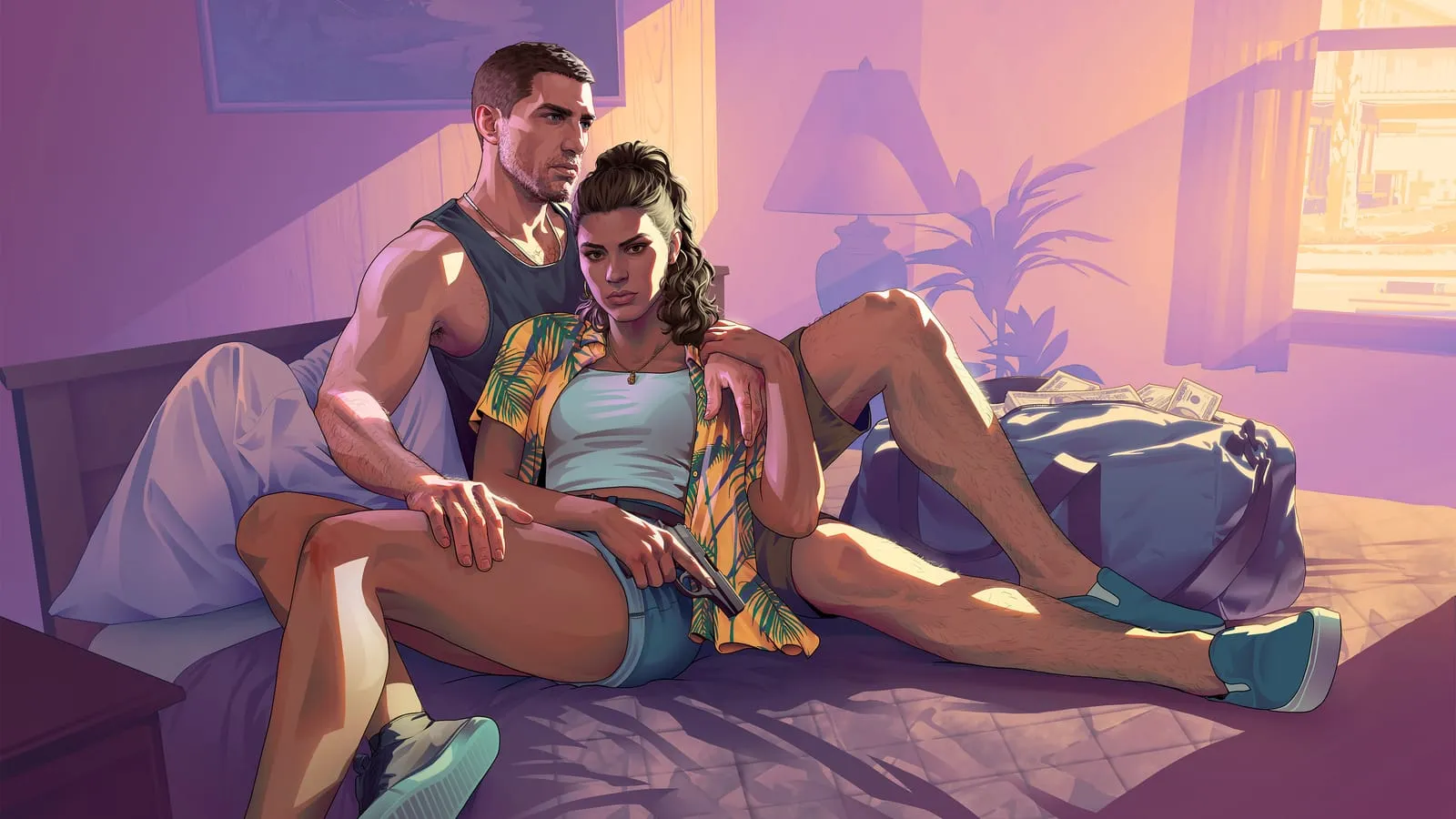 Couple sitting on a motel bed with a pistol at hand and a duffel bag stuffed with cash