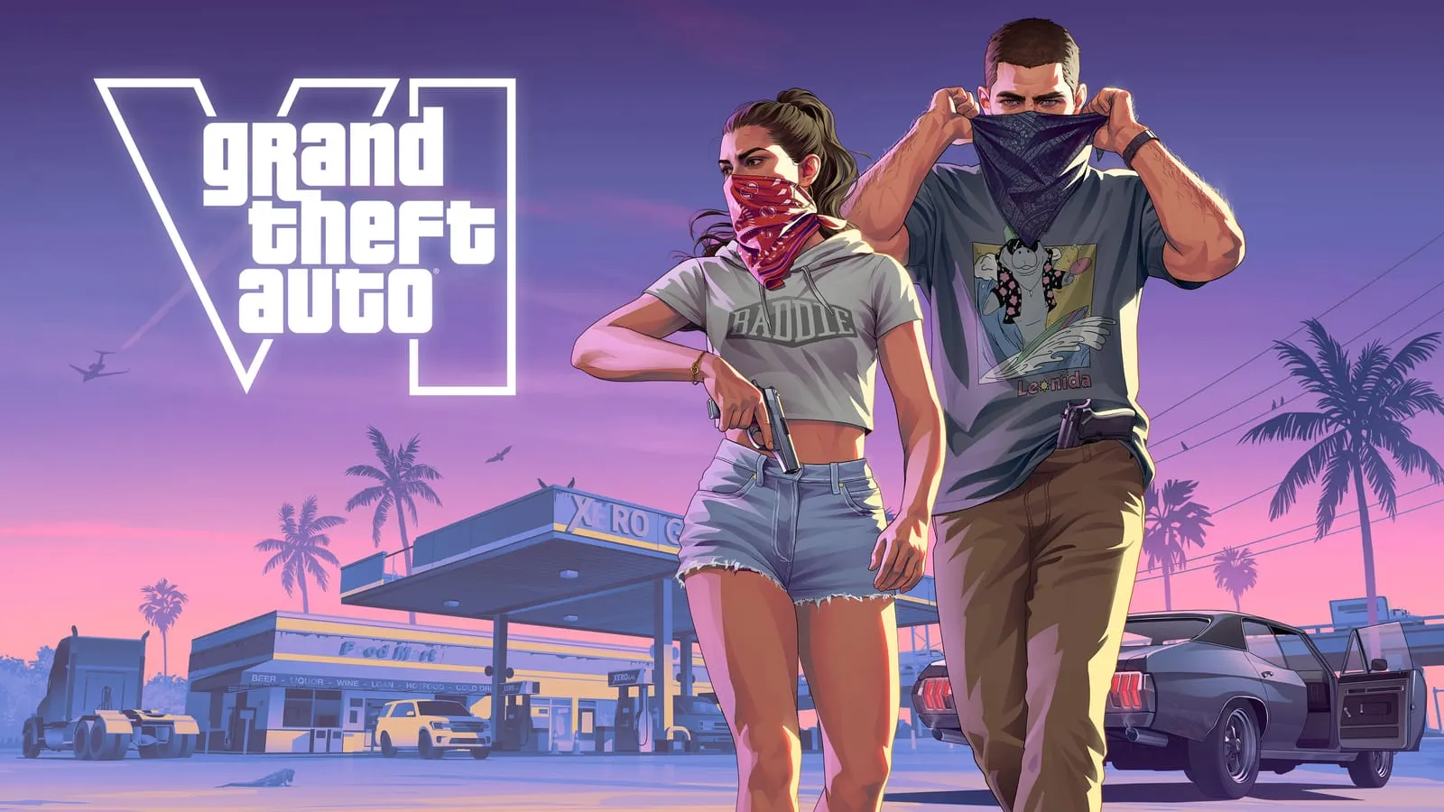Visuel officiel GTA 6 de deux braqueurs masqués quittant une station-service, logo en haut à gauche