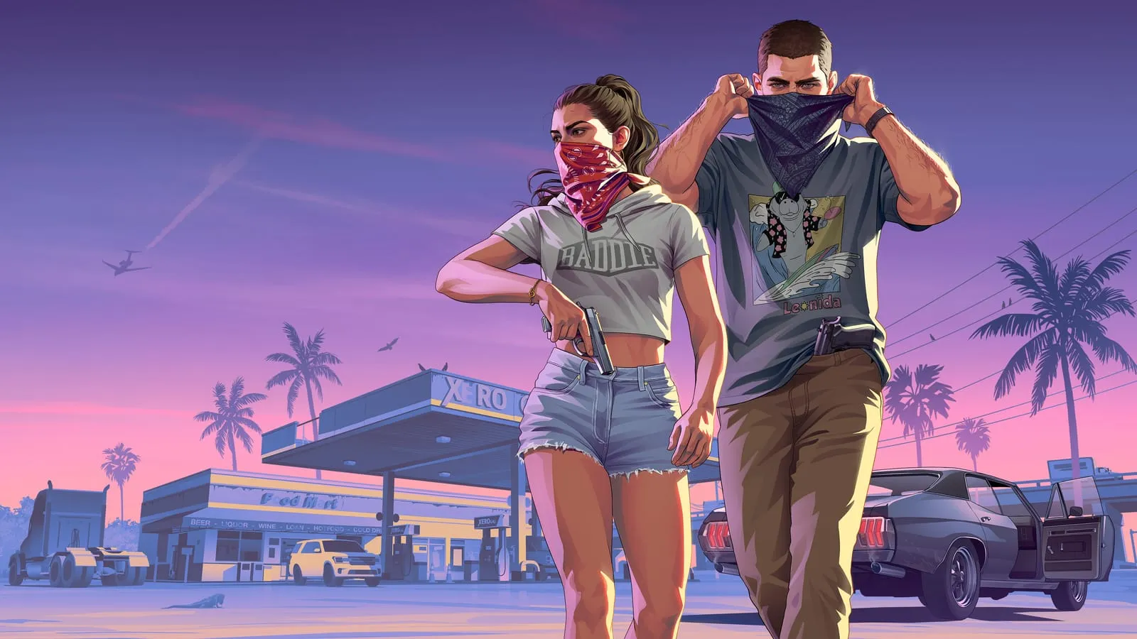 Two masked robbers walk away from a gas station at dusk, pistols tucked in their waistbands