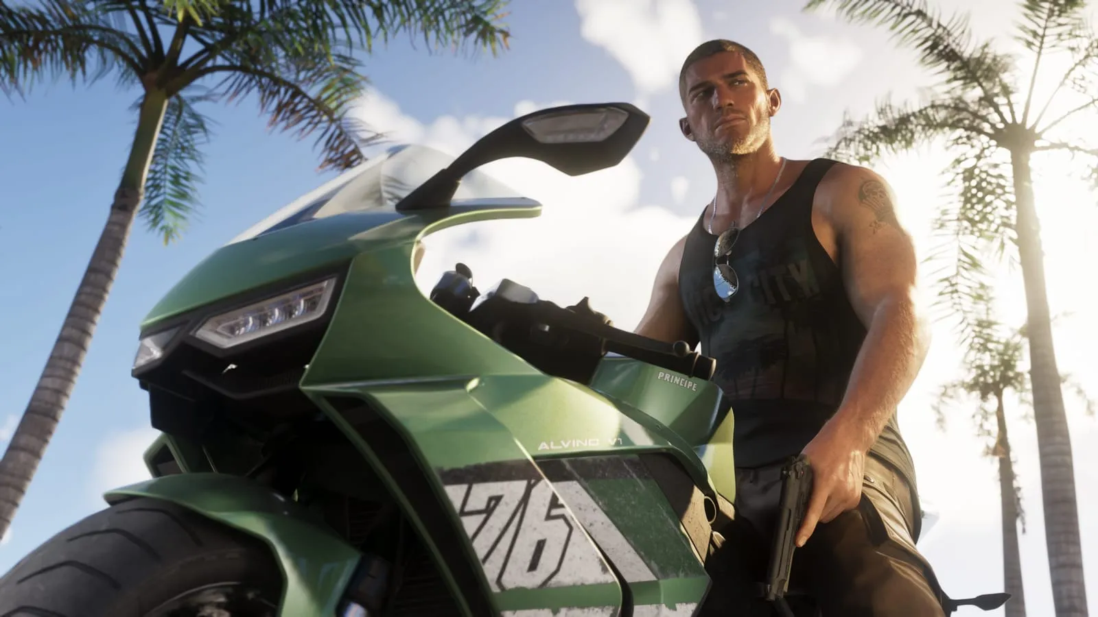 Man in a tank top astride a green sportbike, handgun in hand, palm trees behind