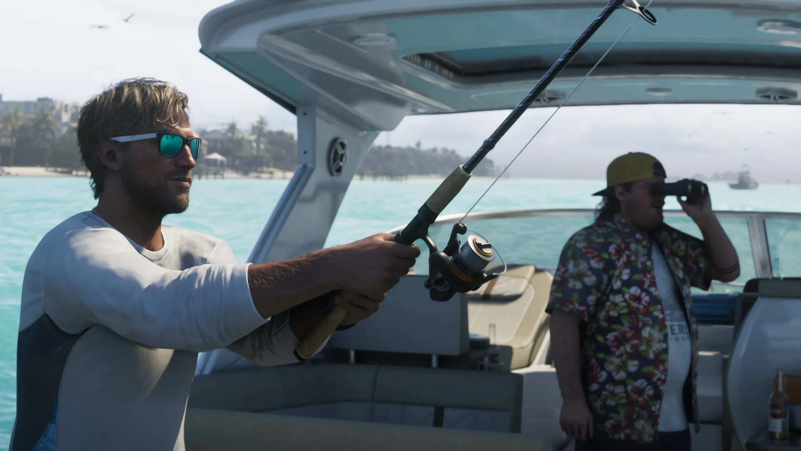 Man casting a fishing rod from a boat while a second man scans the water with binoculars