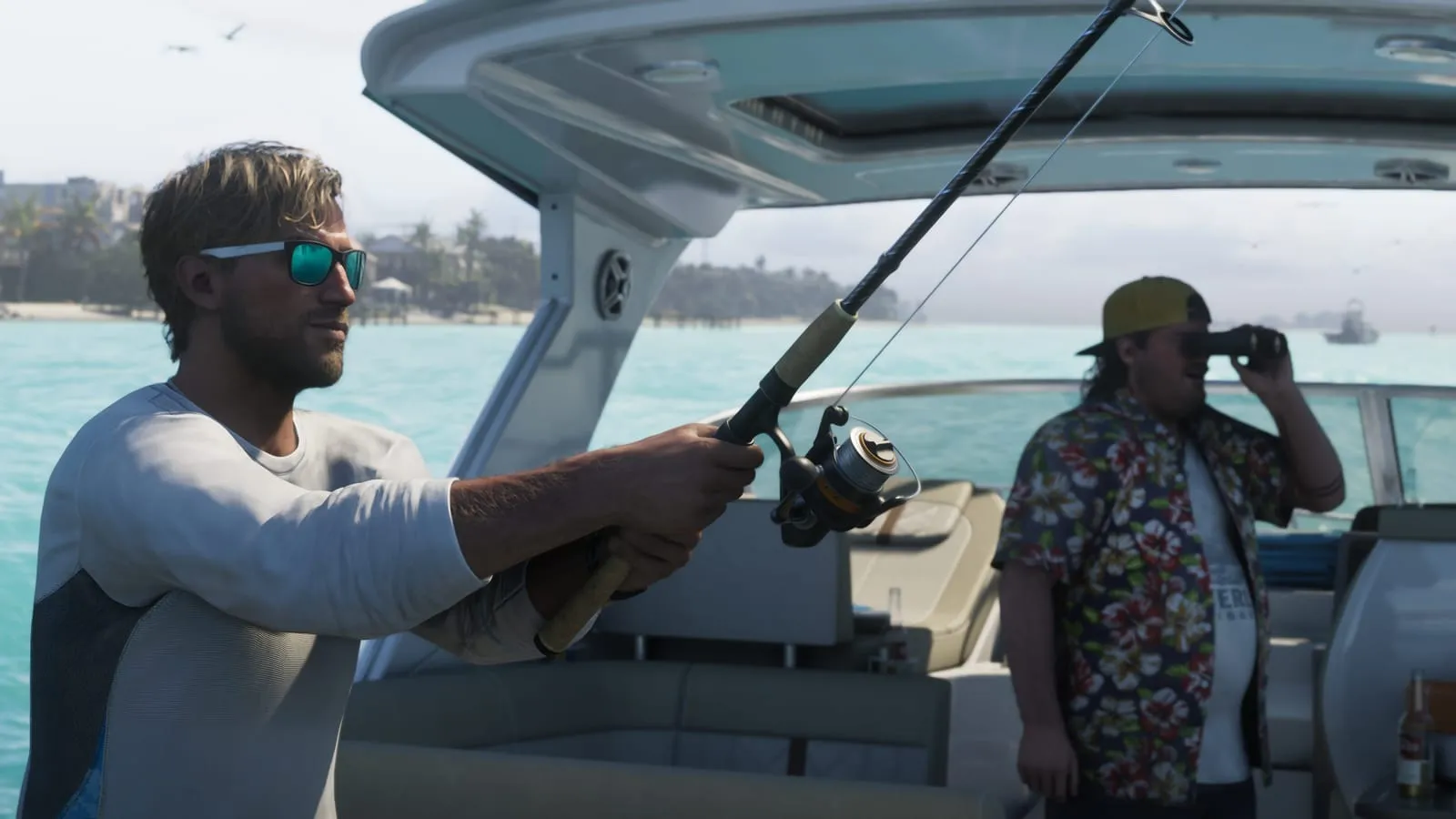 Man casting a fishing rod from a boat while a second man scans the water with binoculars