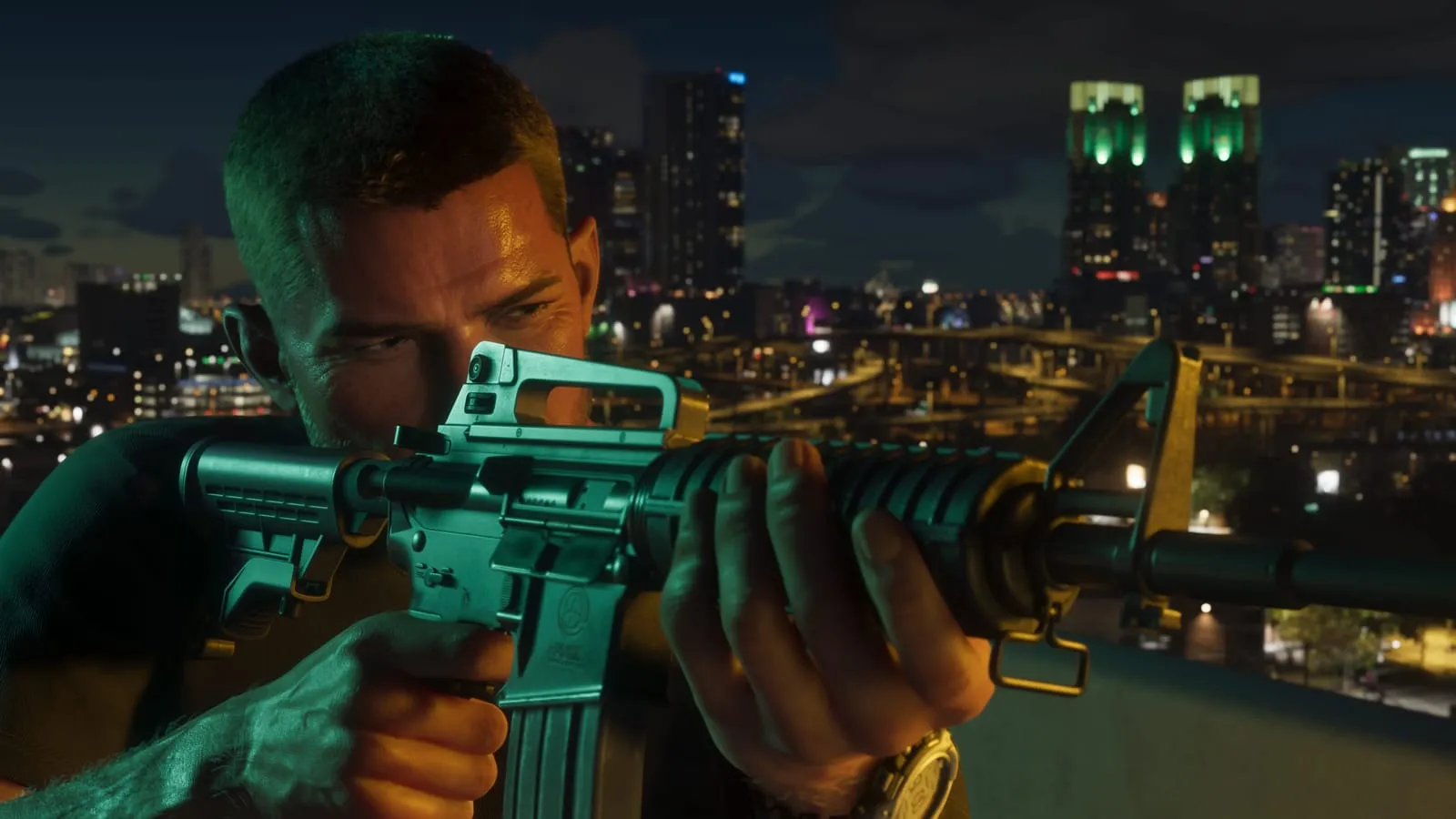 Man aiming a rifle at night, a lit skyline and highway interchange stretching behind