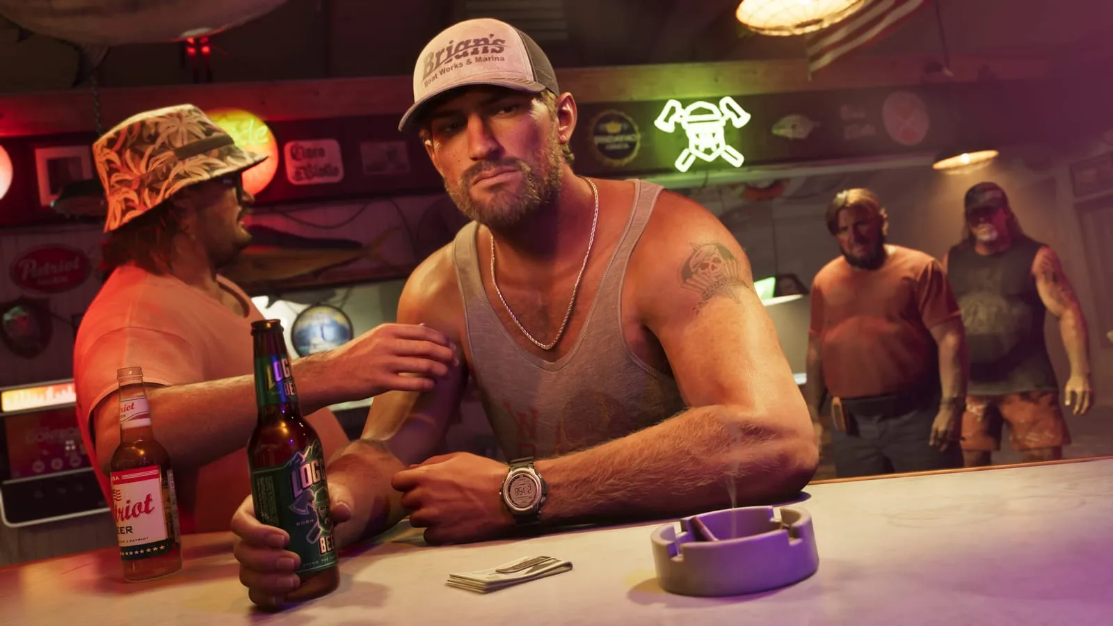 Two men at a marina bar counter with beers, a stack of cash and a smoking ashtray