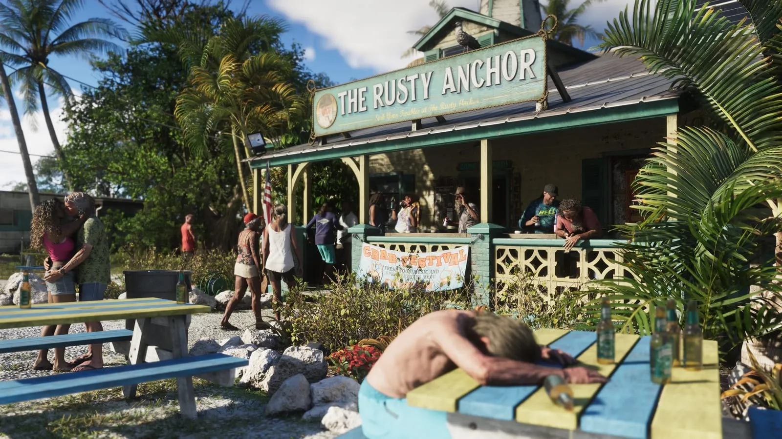 Beachside bar The Rusty Anchor during a crab festival, one drinker face down on a picnic table