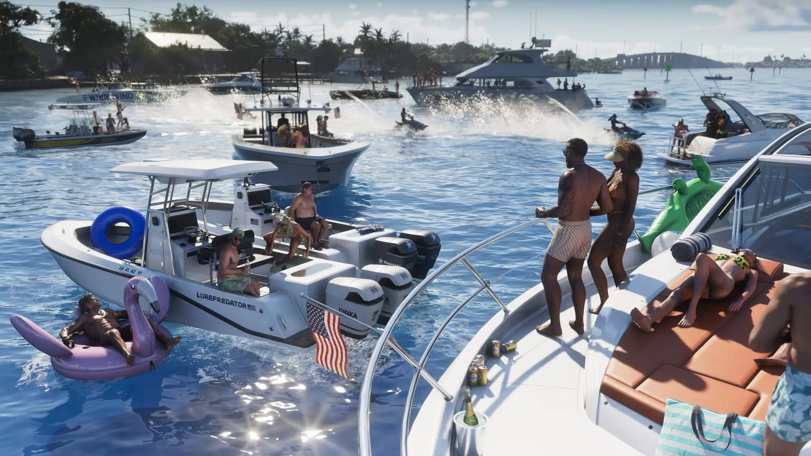 Boat party in the Keys, inflatable floats and packed yachts on bright shallow water