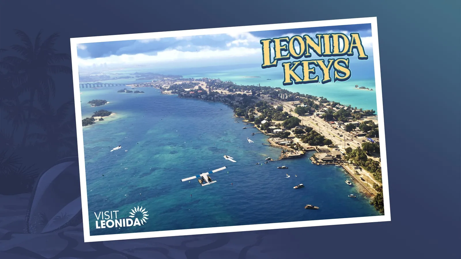 Visit Leonida postcard for the Keys, aerial view of an island strip and a moored seaplane