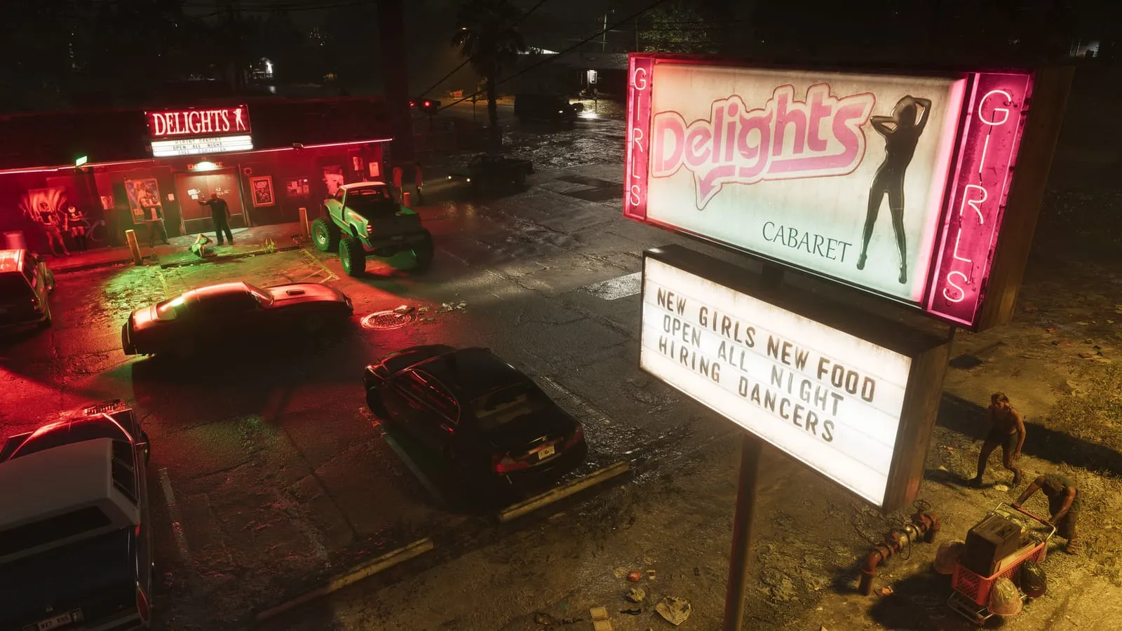 Lit sign for the Delights cabaret above a rain-slick parking lot, red neon club front across the street