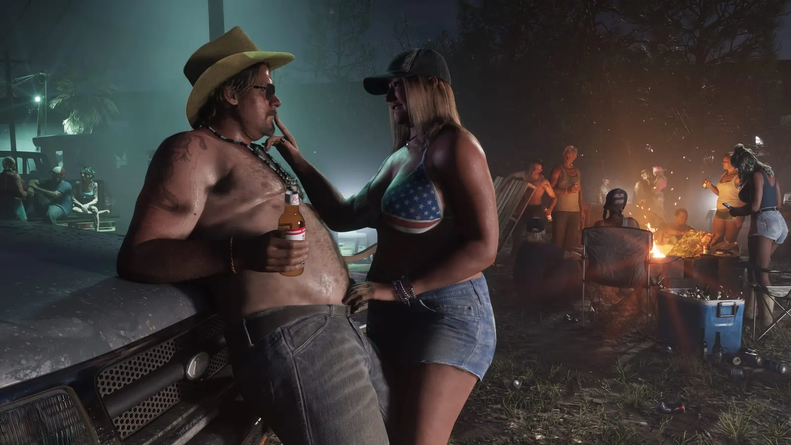 Night-time backyard party around a fire, straw-hatted man and a woman in a cap talking up front