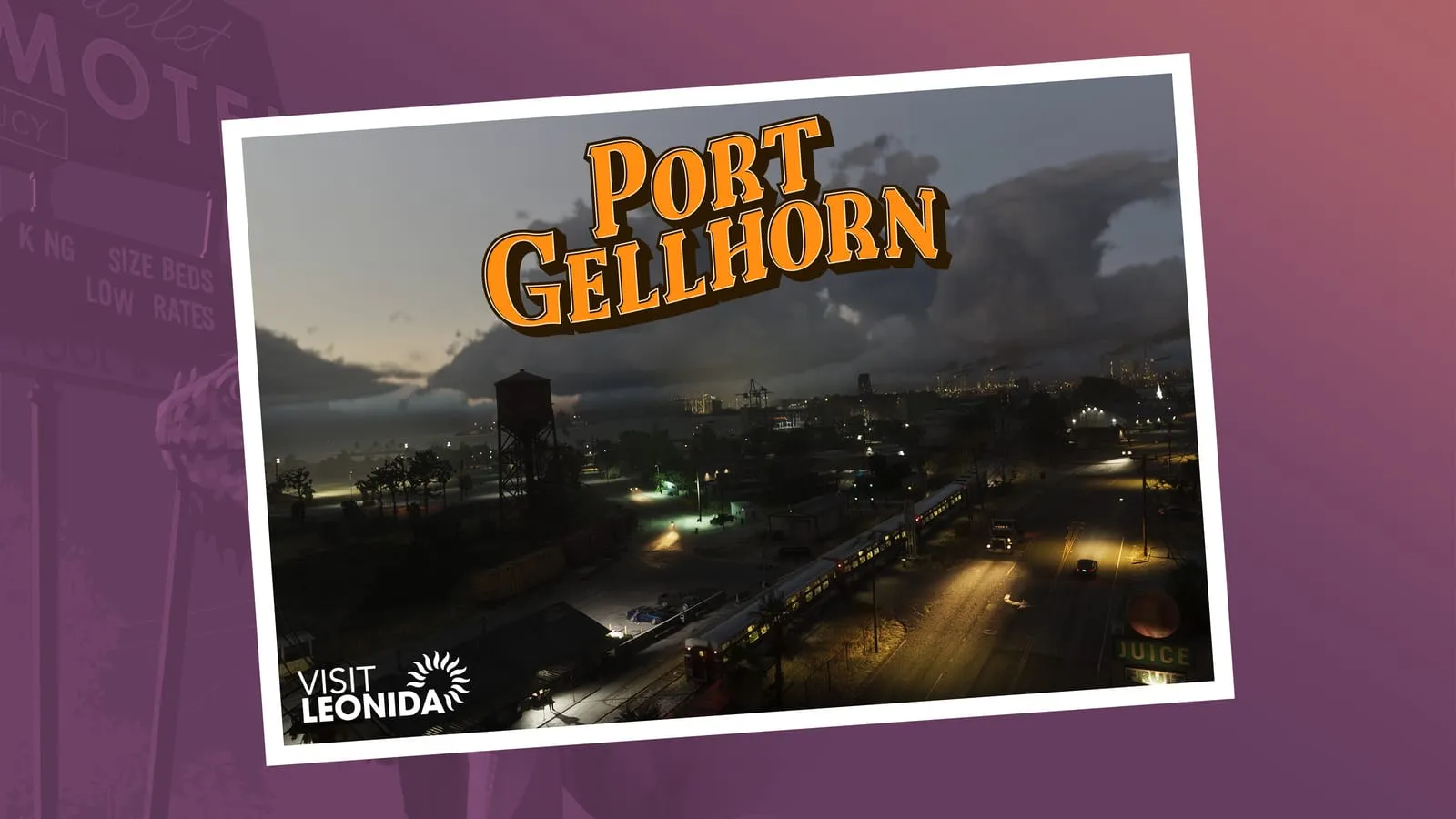 Carte postale « Port Gellhorn » sur fond violet, vue aérienne au crépuscule avec train et château d'eau