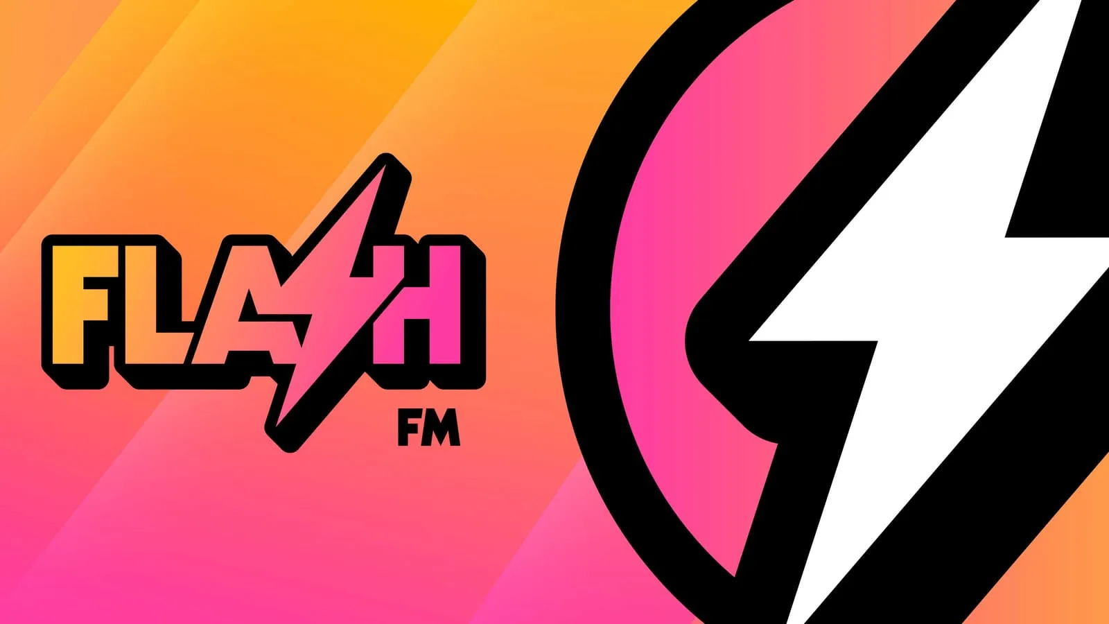 Flash FM radio logo with a lightning bolt for the S, on an orange and pink background