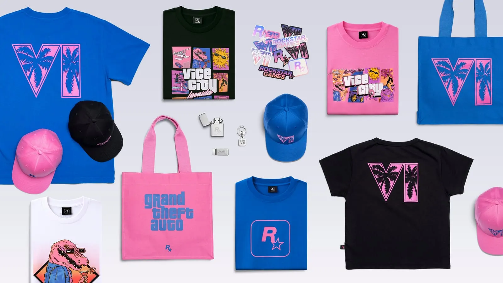The GTA 6 Rockstar Store collection laid flat, T-shirts, caps, tote bags and stickers