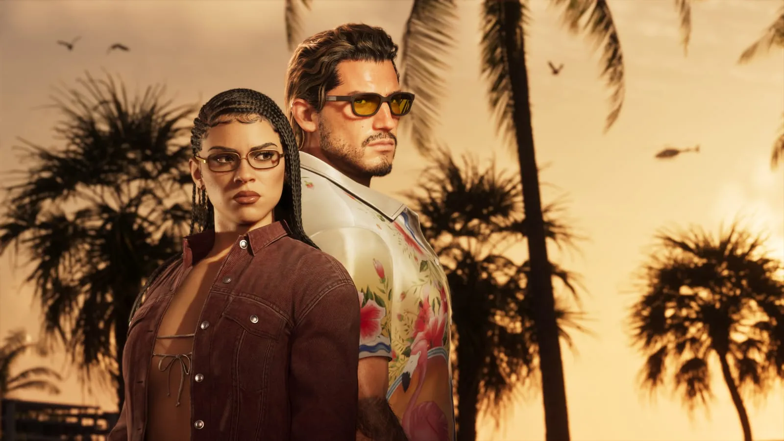 Deux personnages dos à dos devant des palmiers au coucher du soleil, lunettes teintées et chemise à flamants