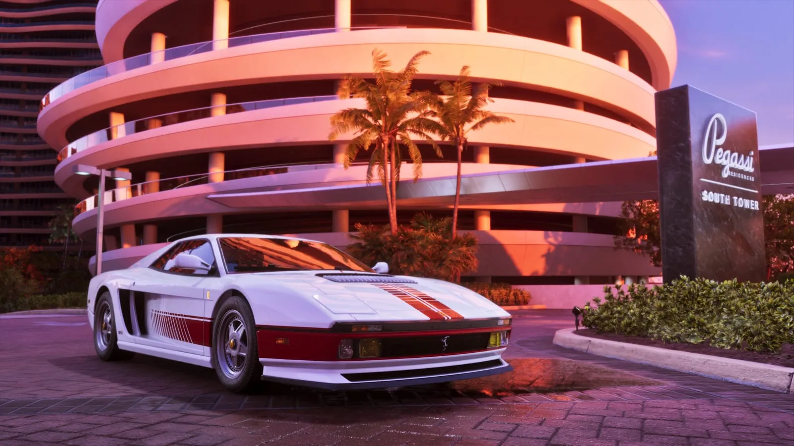 White red striped sports car parked at dusk outside a curved beachfront residential tower