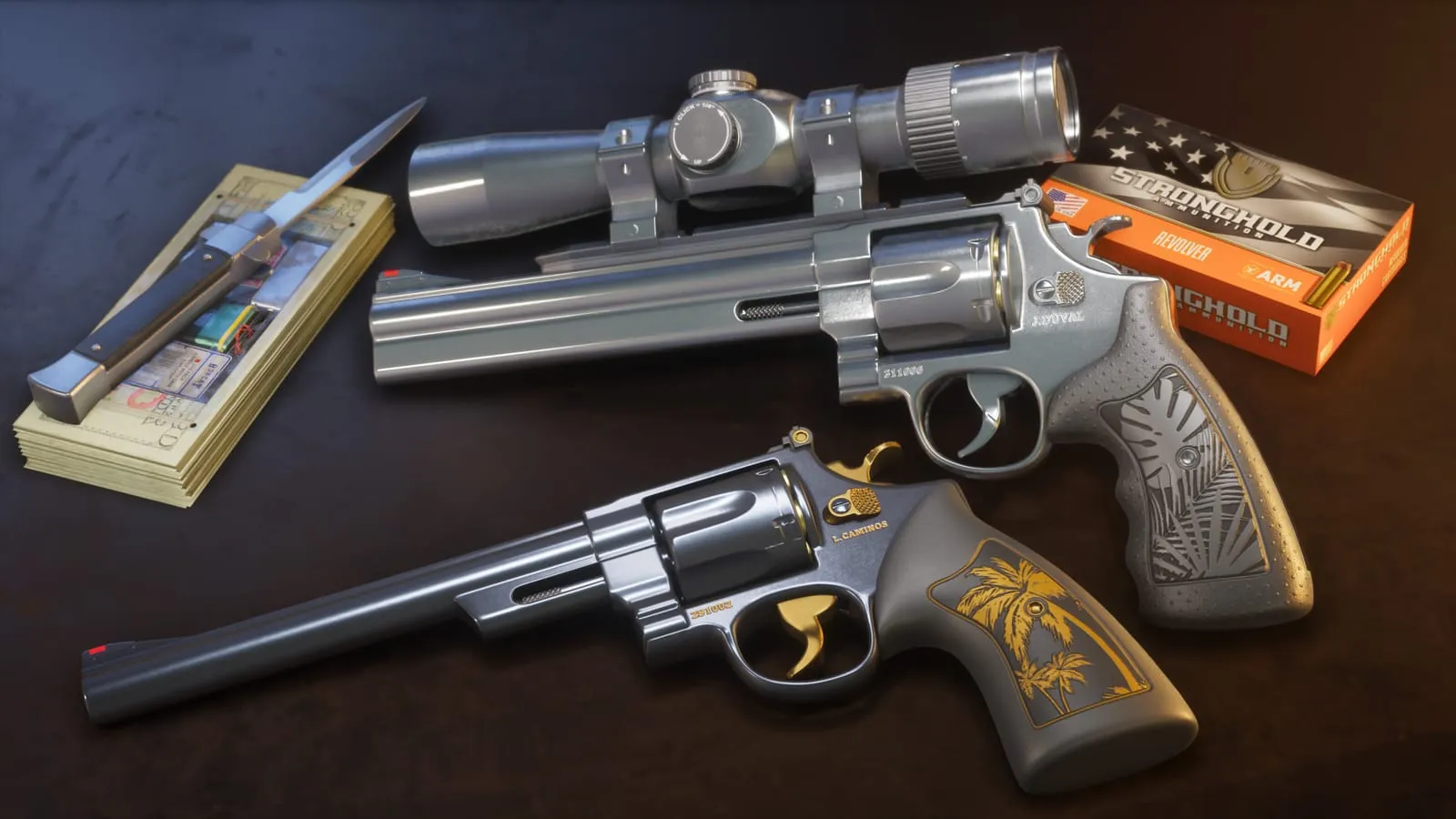 Deux revolvers à canon long gravés, posés près d'une liasse de billets et d'une boîte de munitions