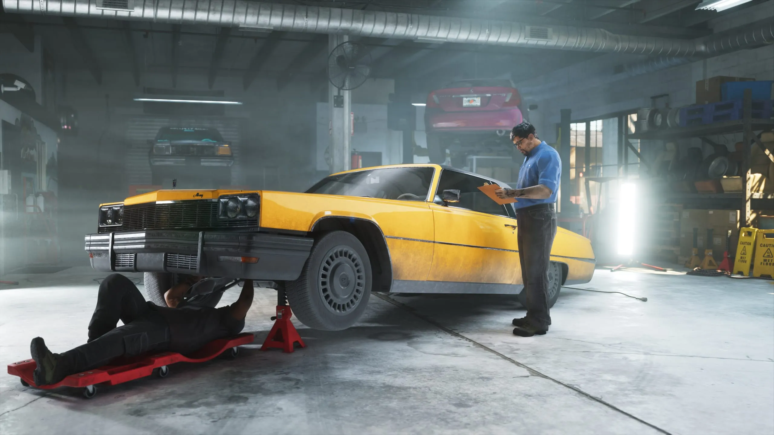 Repair shop with a yellow sedan on jack stands, one mechanic underneath and another taking notes