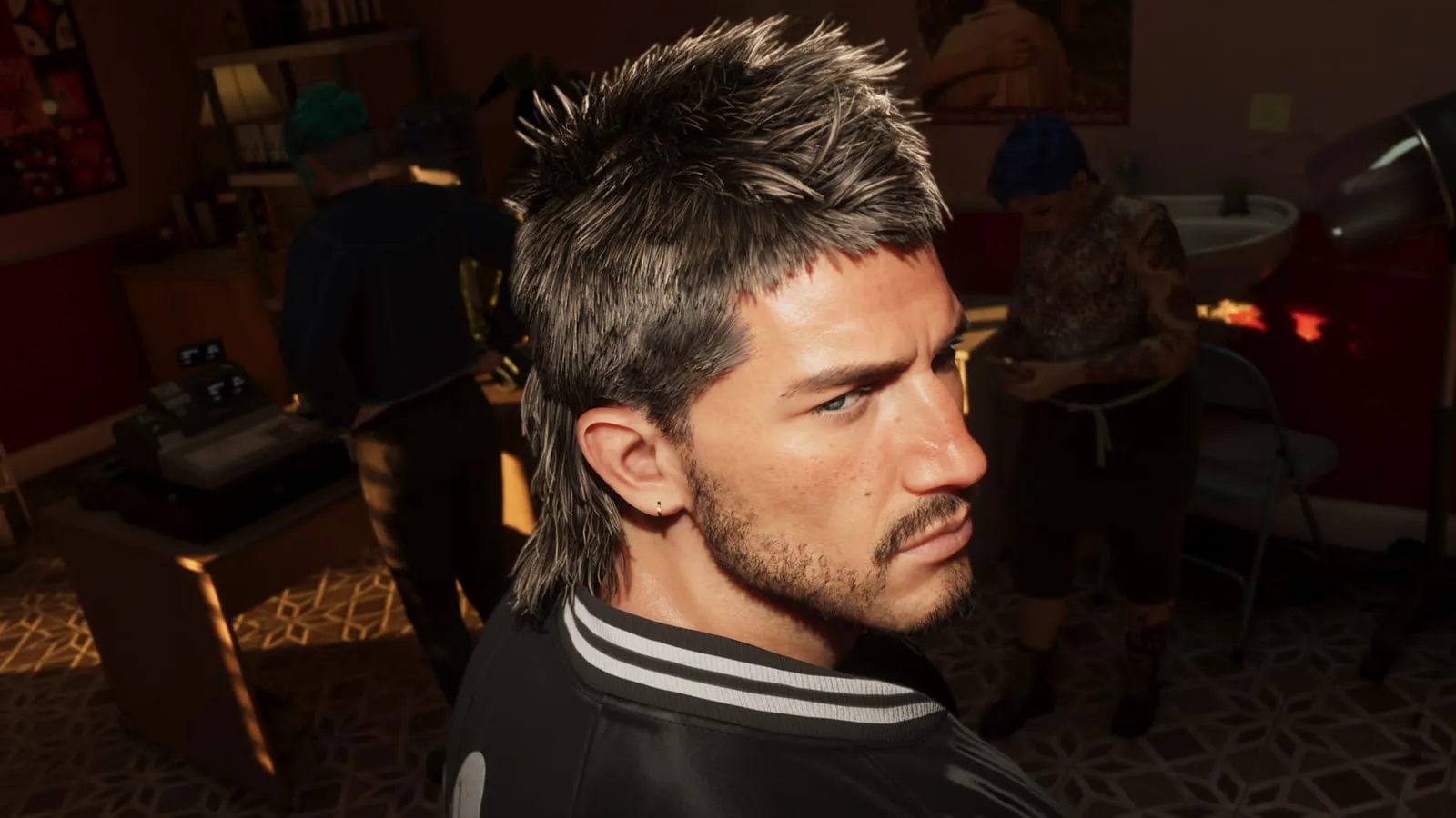 Close-up of a man with a salt and pepper mullet inside a hair salon, blurred clients behind him