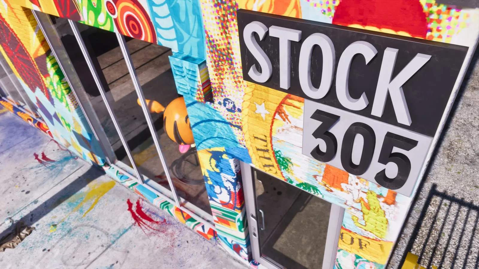 Fully painted shopfront topped by a raised Stock 305 sign on a black panel