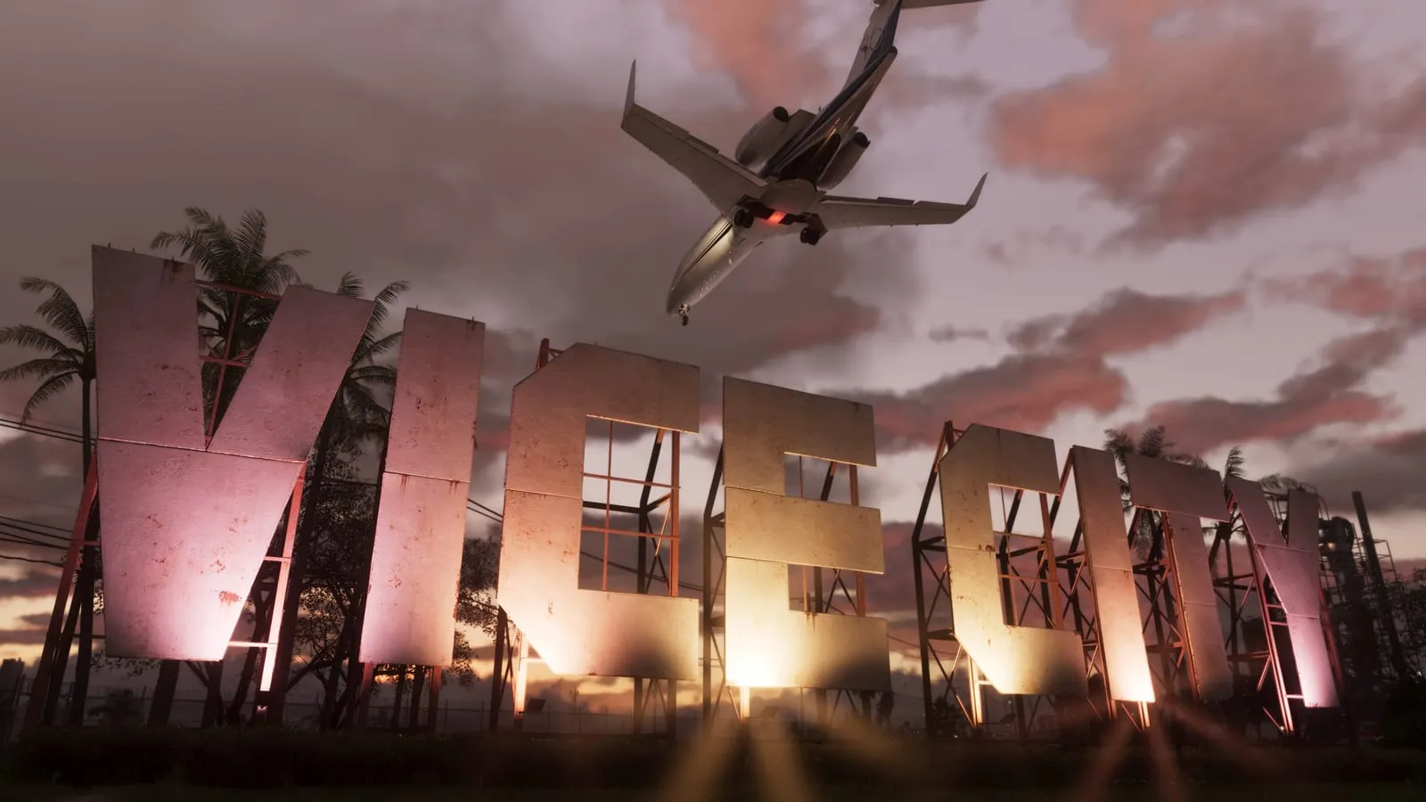 Lettres géantes Vice City éclairées au crépuscule, un jet privé passe juste au-dessus