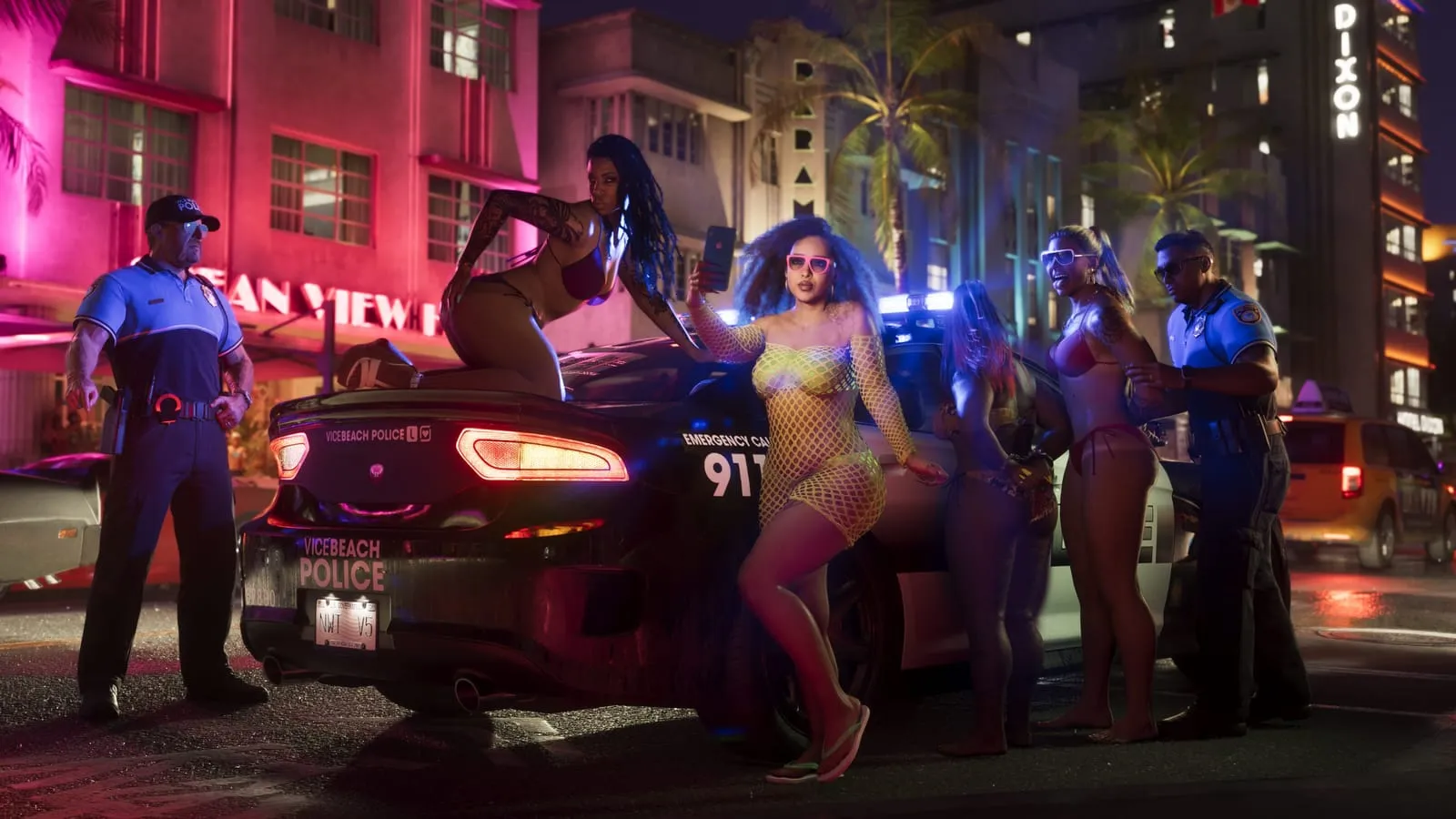 A neon-lit night police stop, partygoers posing around a Vice Beach patrol car