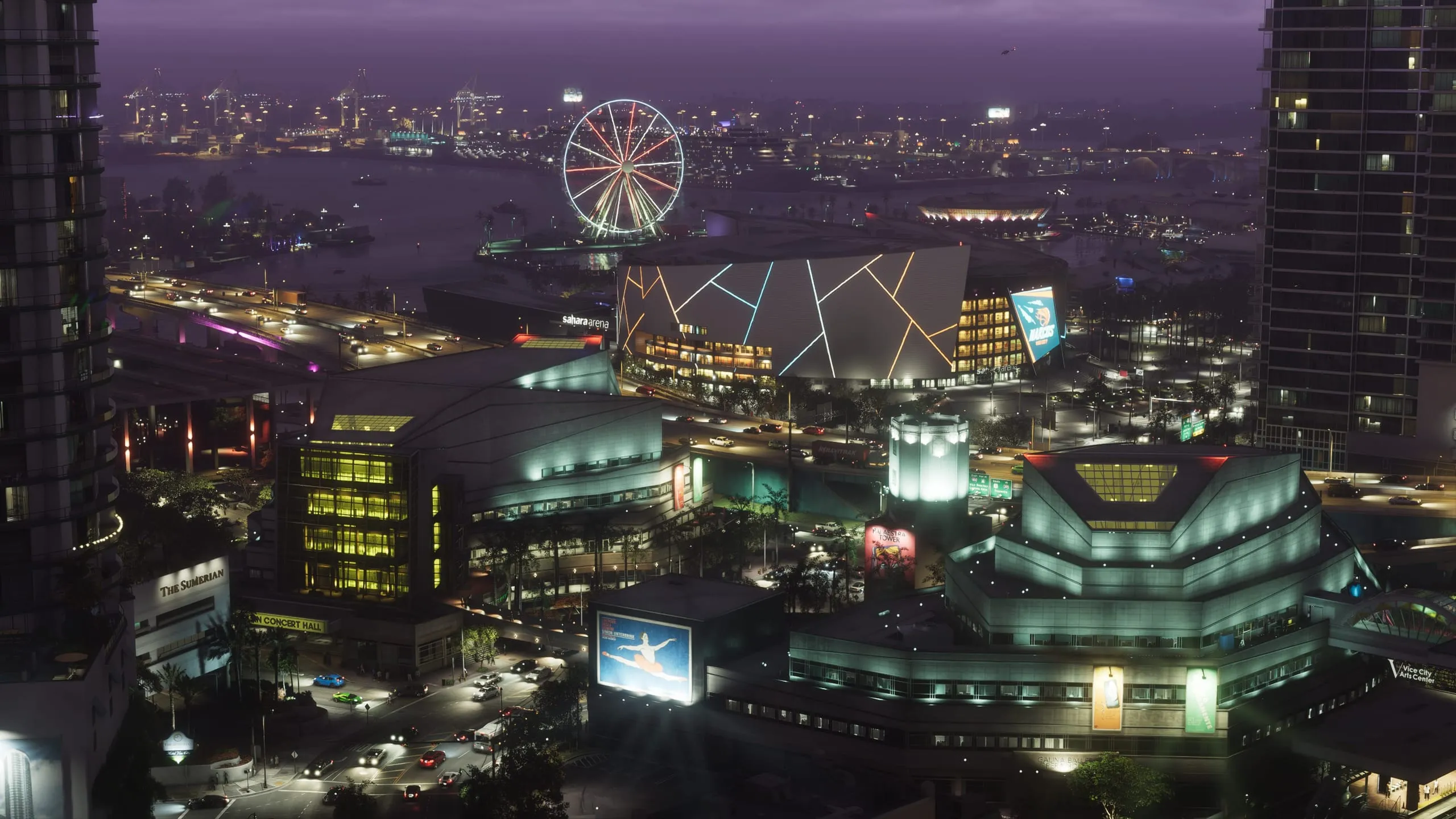 Downtown at night under a purple sky, lit ferris wheel, arena and harbour cranes beyond