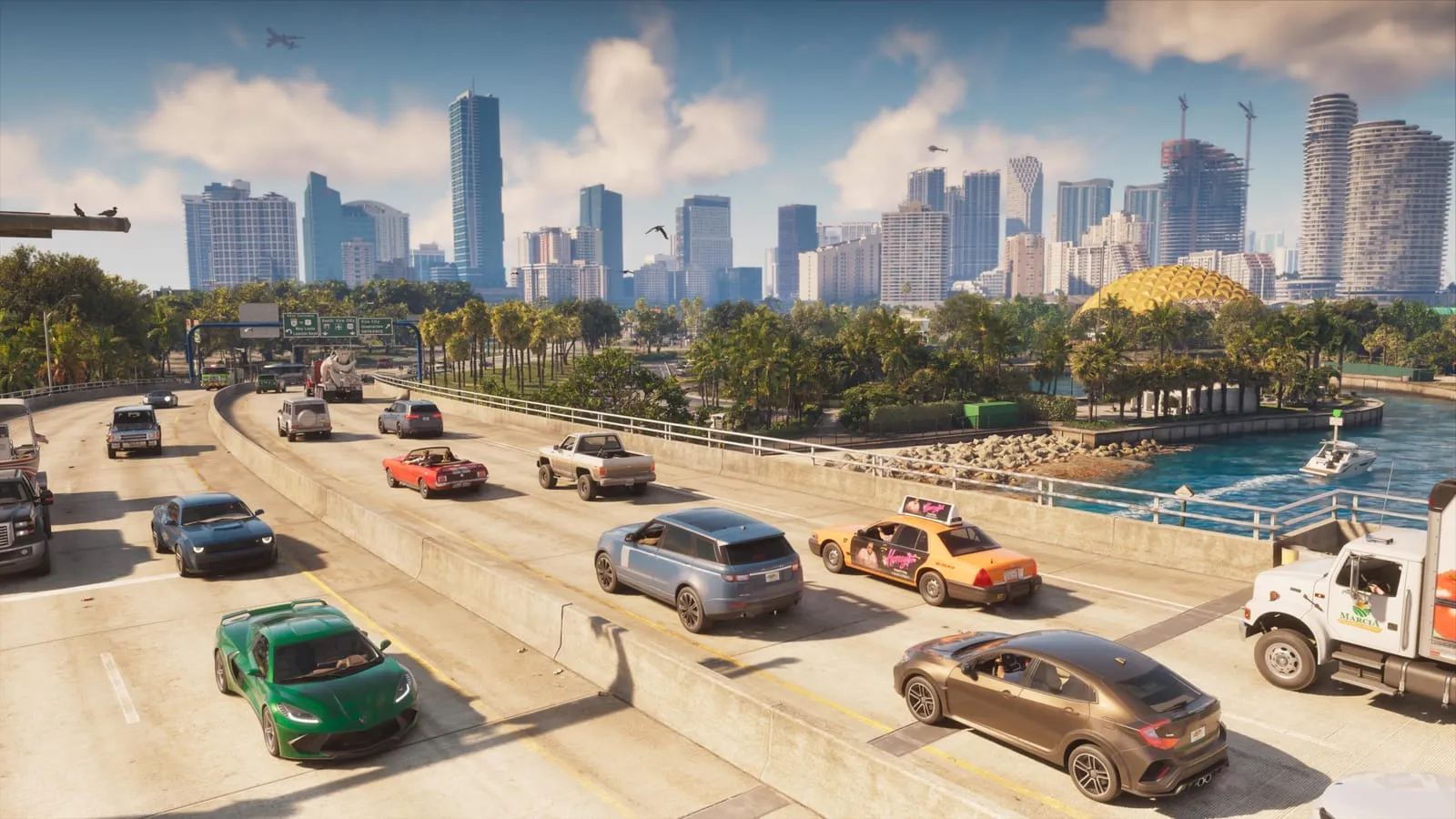 Traffic on an elevated highway along the marina, with the Vice City skyline behind