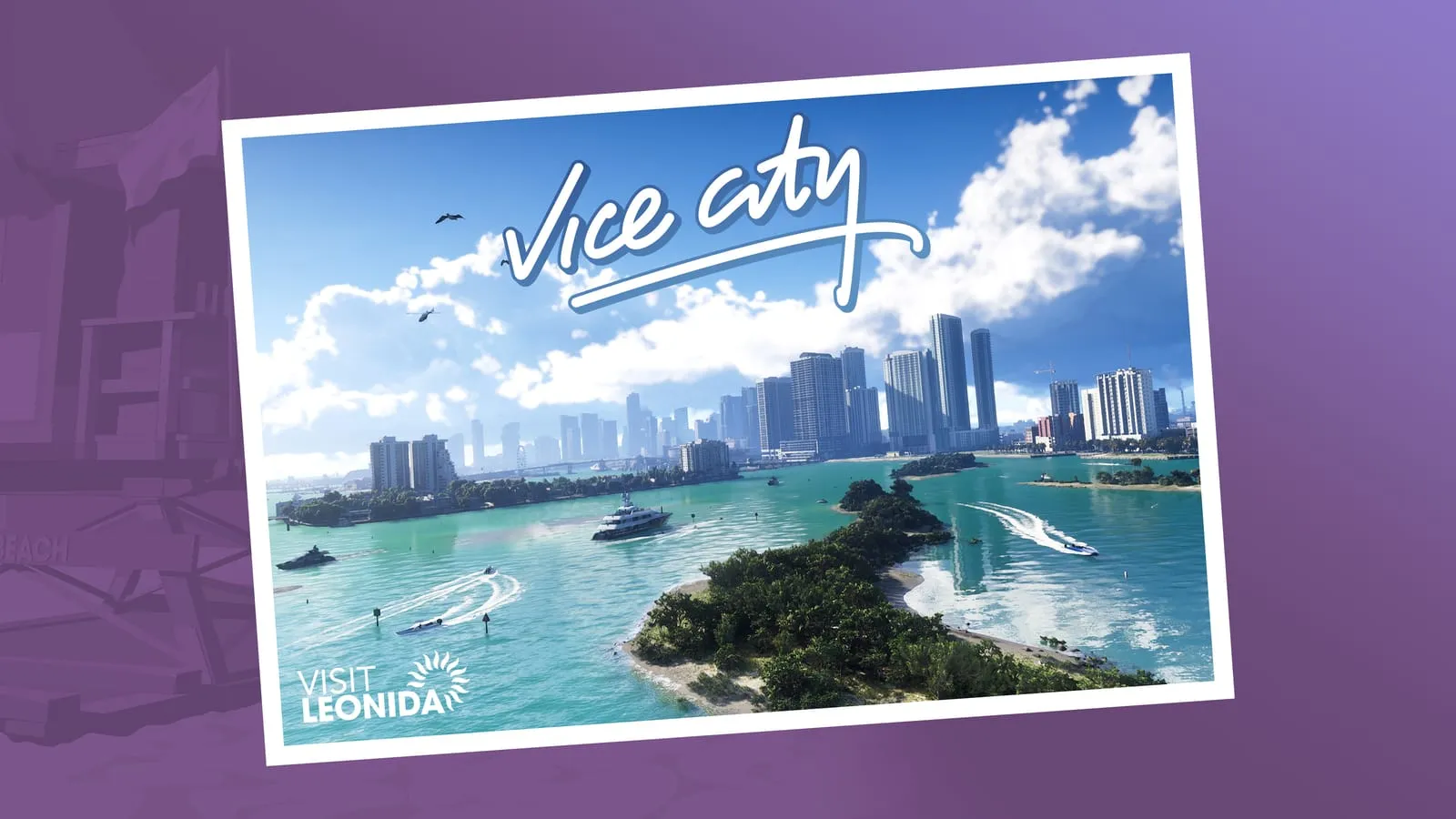 Carte postale Vice City sur fond violet, baie turquoise, yacht et gratte-ciel, logo Visit Leonida