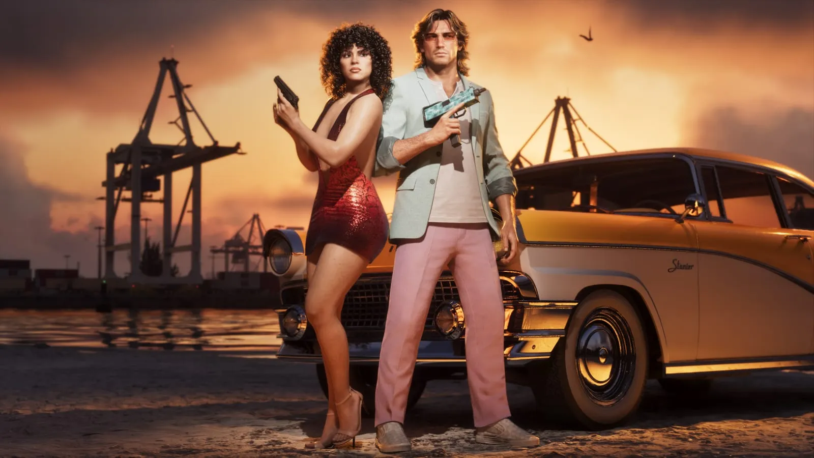 Armed pair standing by a cream and yellow fifties sedan at sunset, harbor cranes behind
