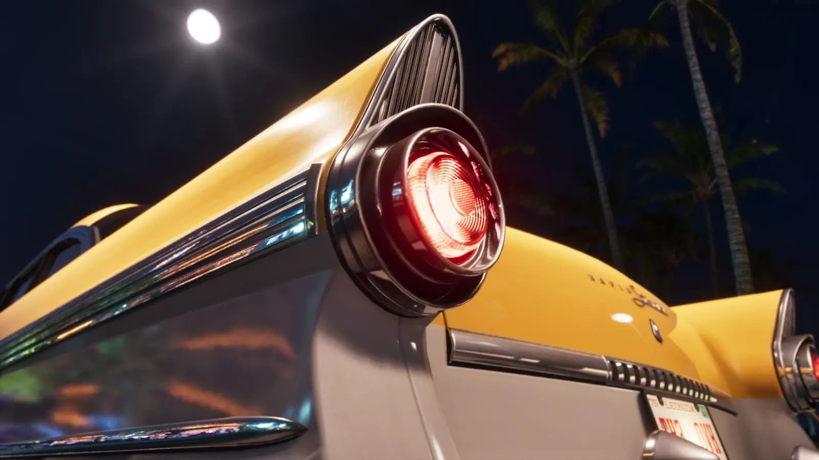 Tail fin and glowing rear light of a vintage car under palm trees and a full moon