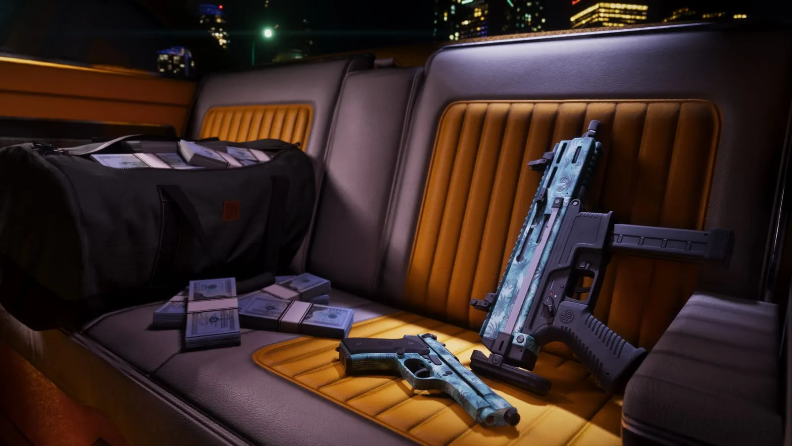 Palm-patterned pistol and submachine gun beside cash stacks on a car's back seat
